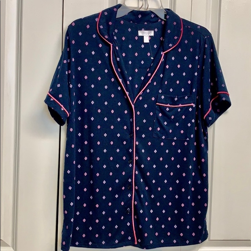Secret Treasure Blue Pink Print Pocket Short Sleeve Pajama Top Size L - Picture 1 of 5